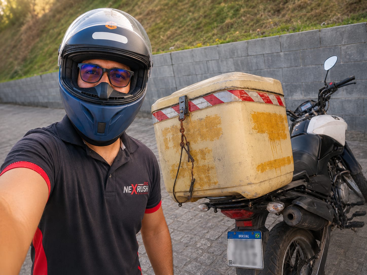 Rodrigo, fundador da NexRush Express, ao lado de sua moto de entregas